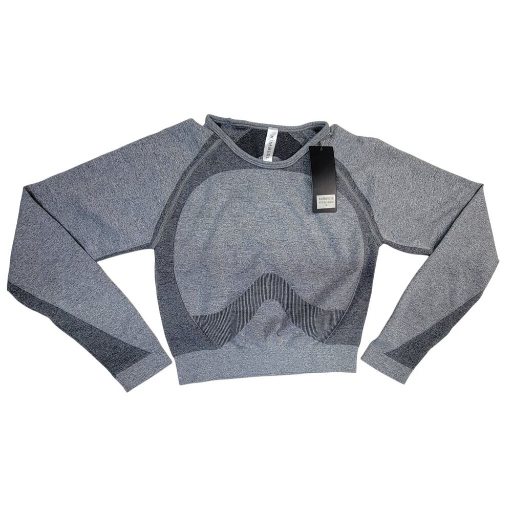 Kimberly Seamless Long Sleeve Cropped Top Gray Black Size Med Nylon & Spandex